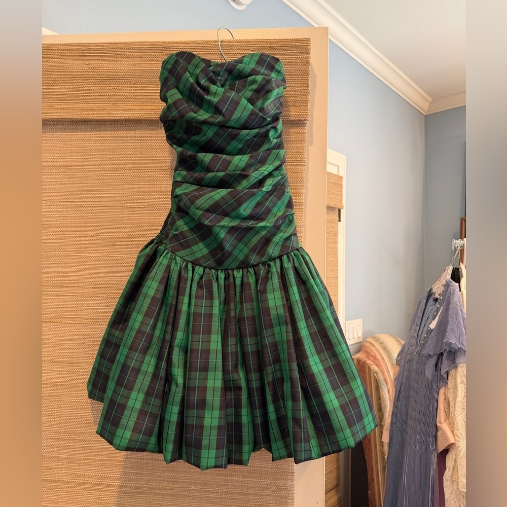 Plaid Strapless Dress tartan Green and Black puff dress